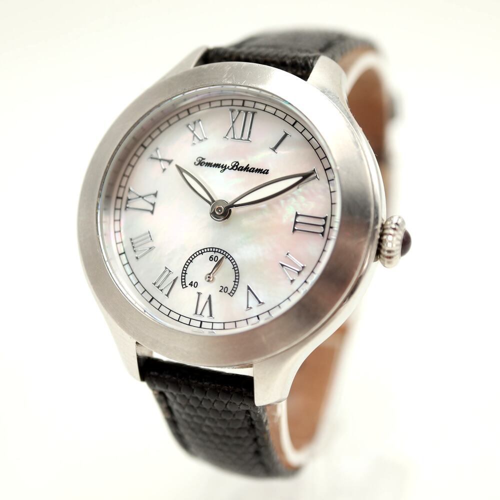 Tommy Bahama 36mm MOP Watch Small Seconds Black Lizard Leather Strap New Battery